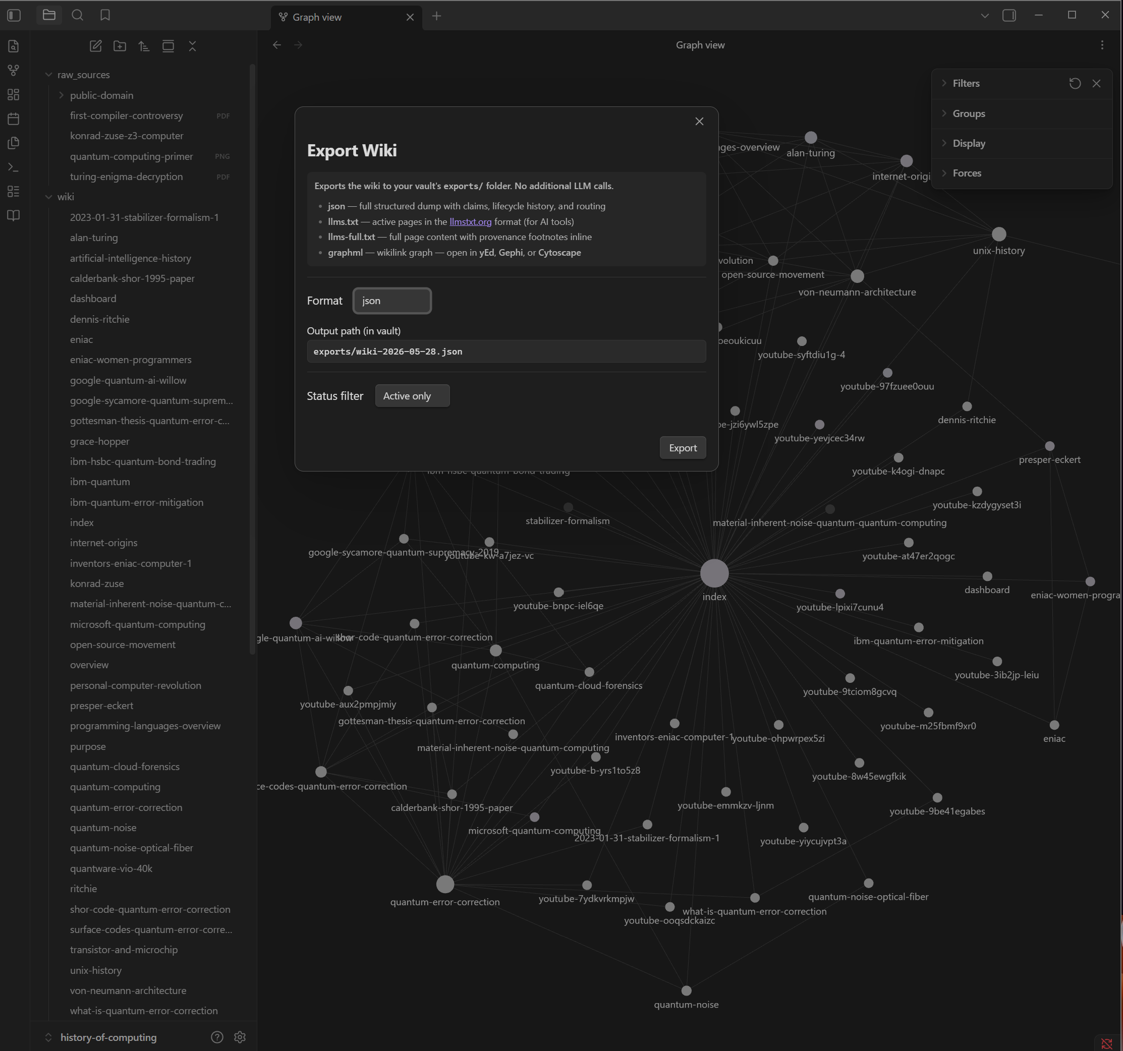 Synthadoc Export Wiki modal — format dropdown, description panel, output path field, status filter, and Export button