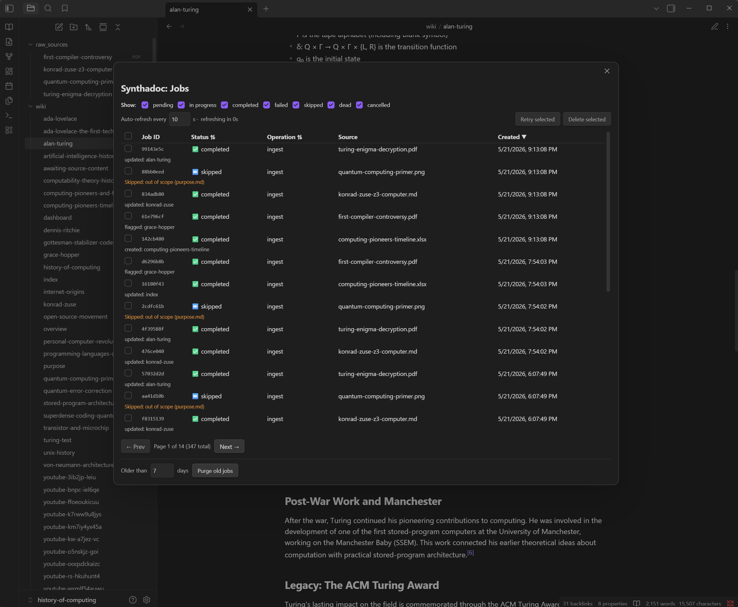 Obsidian Jobs list modal with status filter dropdown