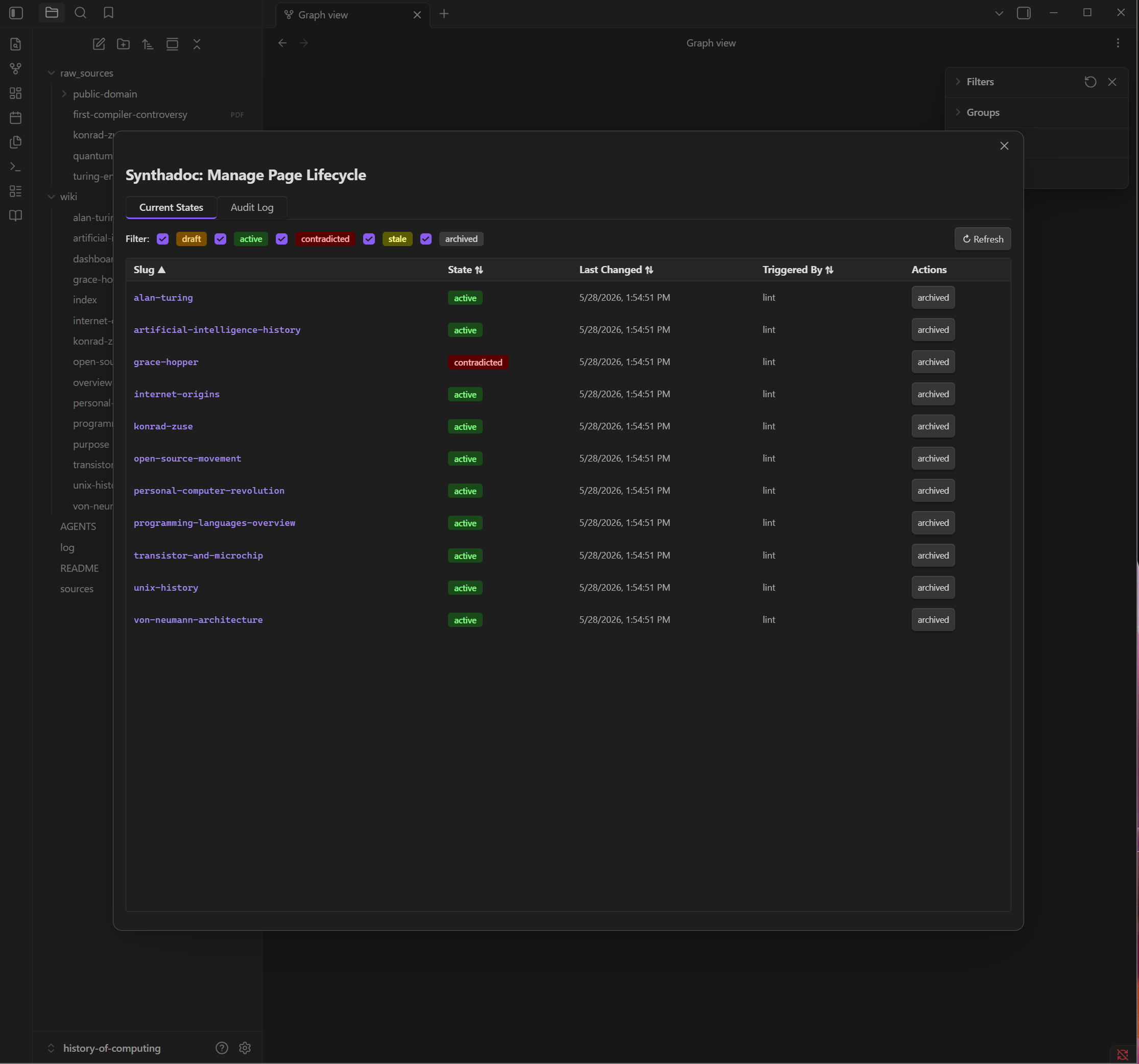 Synthadoc Manage Page Lifecycle modal — one row per page showing current state, last changed timestamp, and action buttons