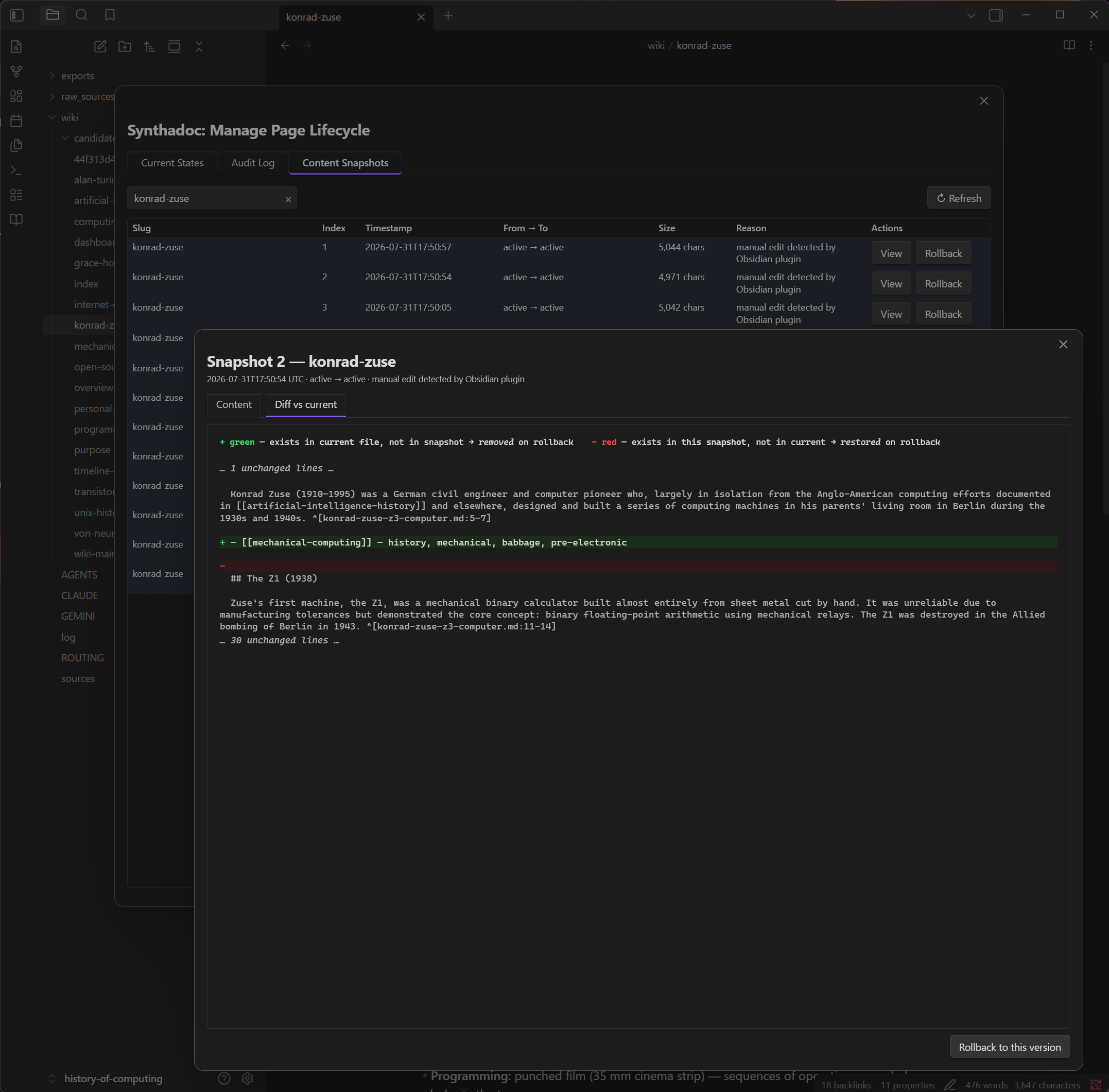 Synthadoc snapshot diff view — line-by-line comparison with added/removed lines highlighted and Rollback button