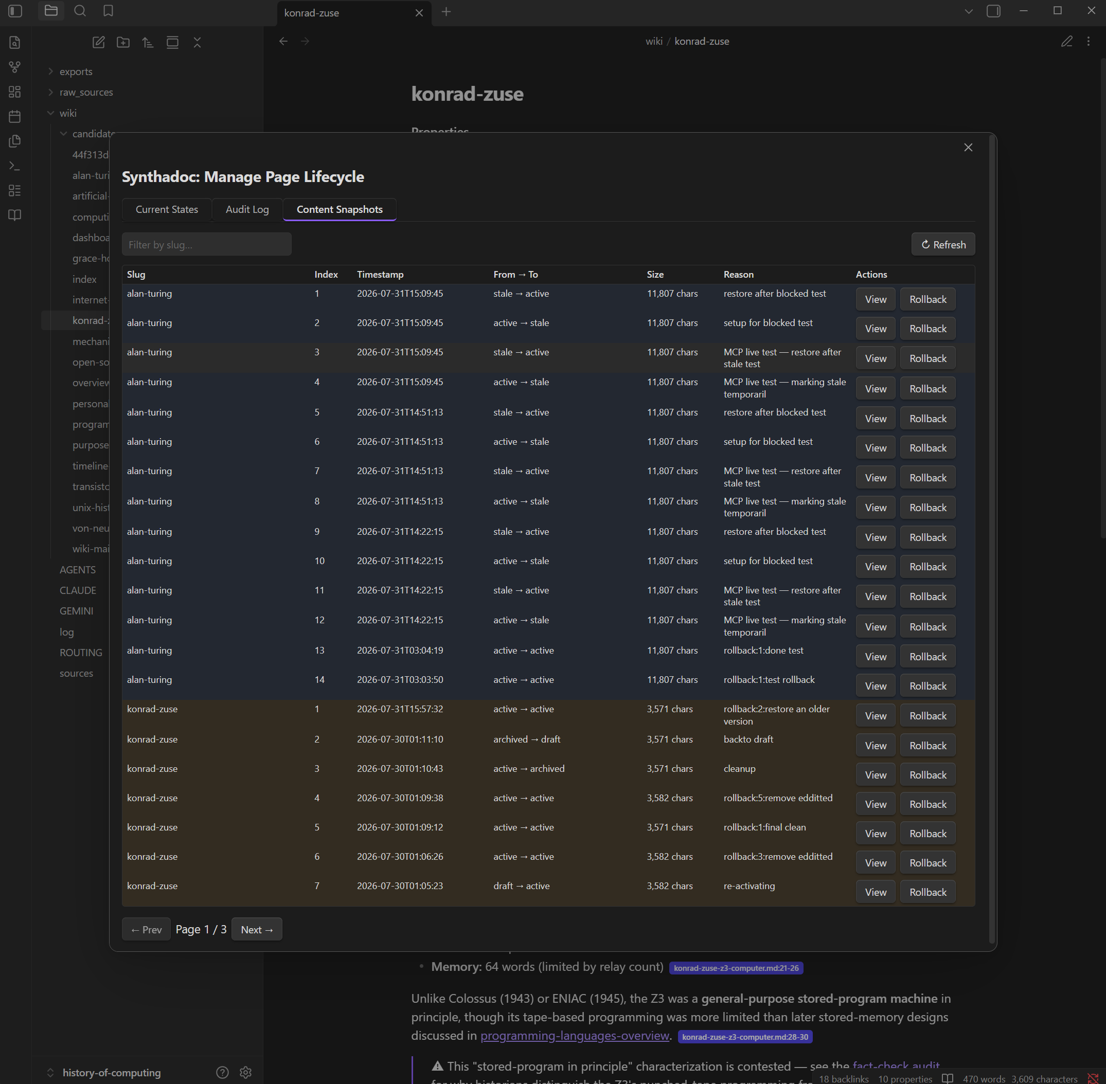 Synthadoc Content Snapshots tab — list of snapshots for a page with diff view and rollback