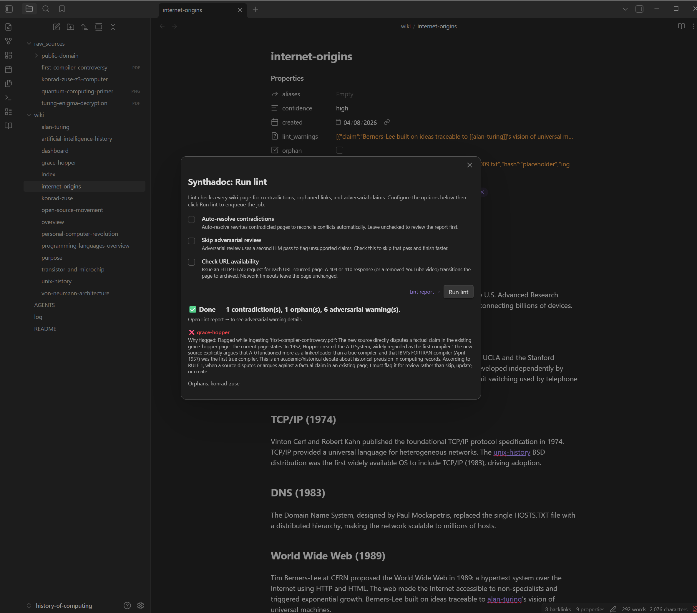 Synthadoc Run Lint panel in Obsidian