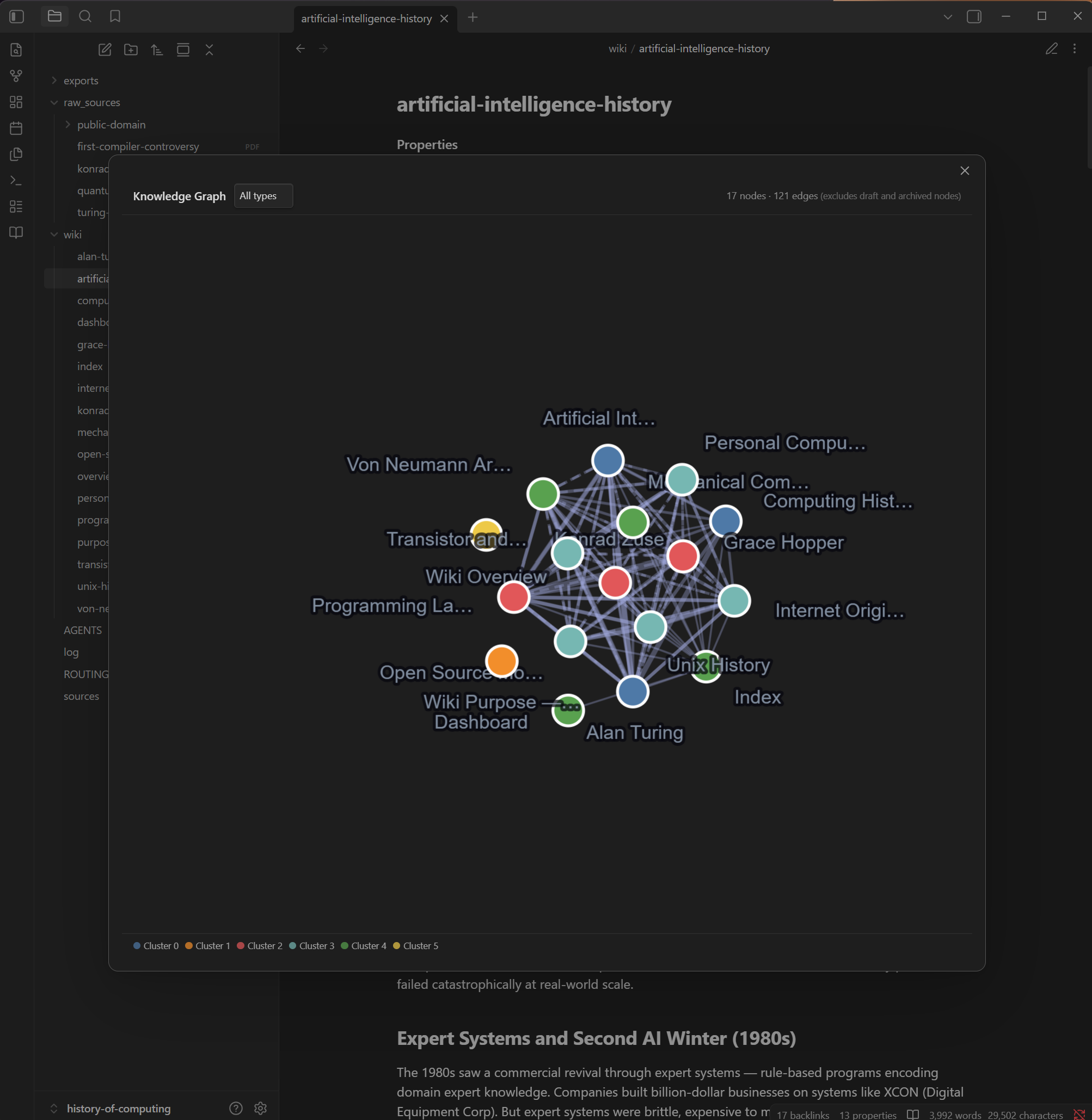 Obsidian knowledge graph panel — force-directed graph with cluster colours, type filter, and hover tooltip