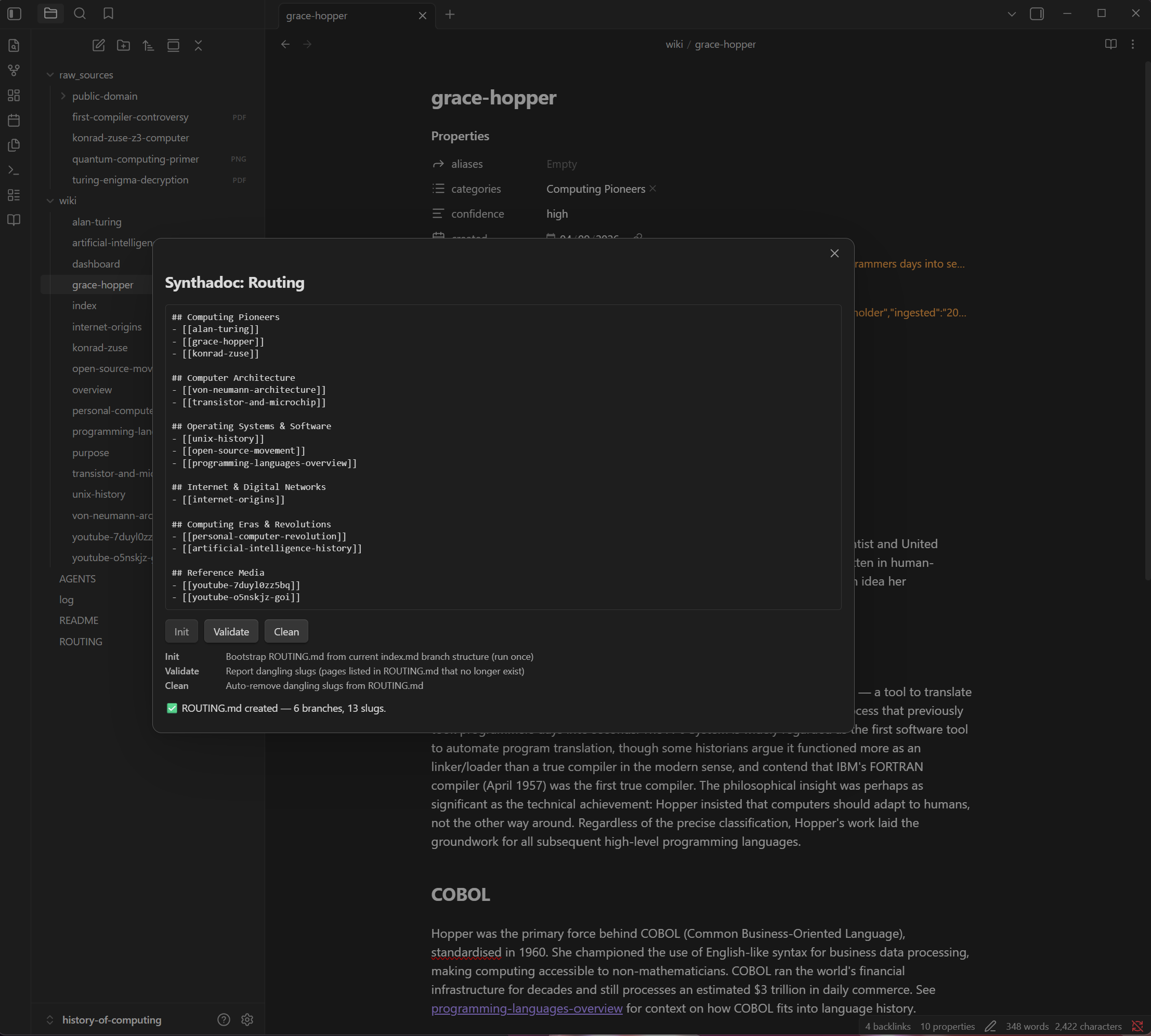 Synthadoc routing modal — ROUTING.md initialised, showing branch count confirmation and file content preview