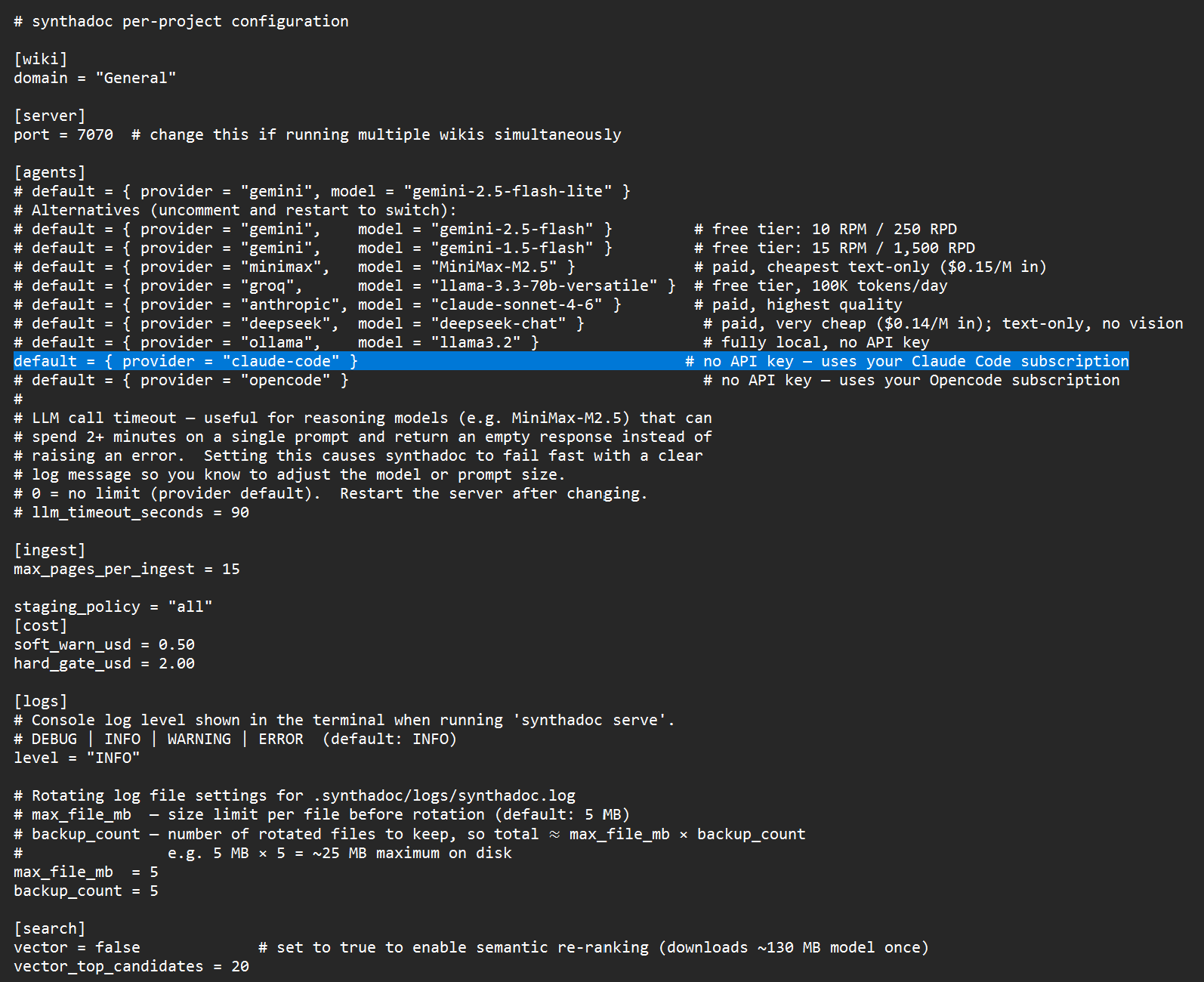 Switching LLM providers in config.toml — Claude Code enabled