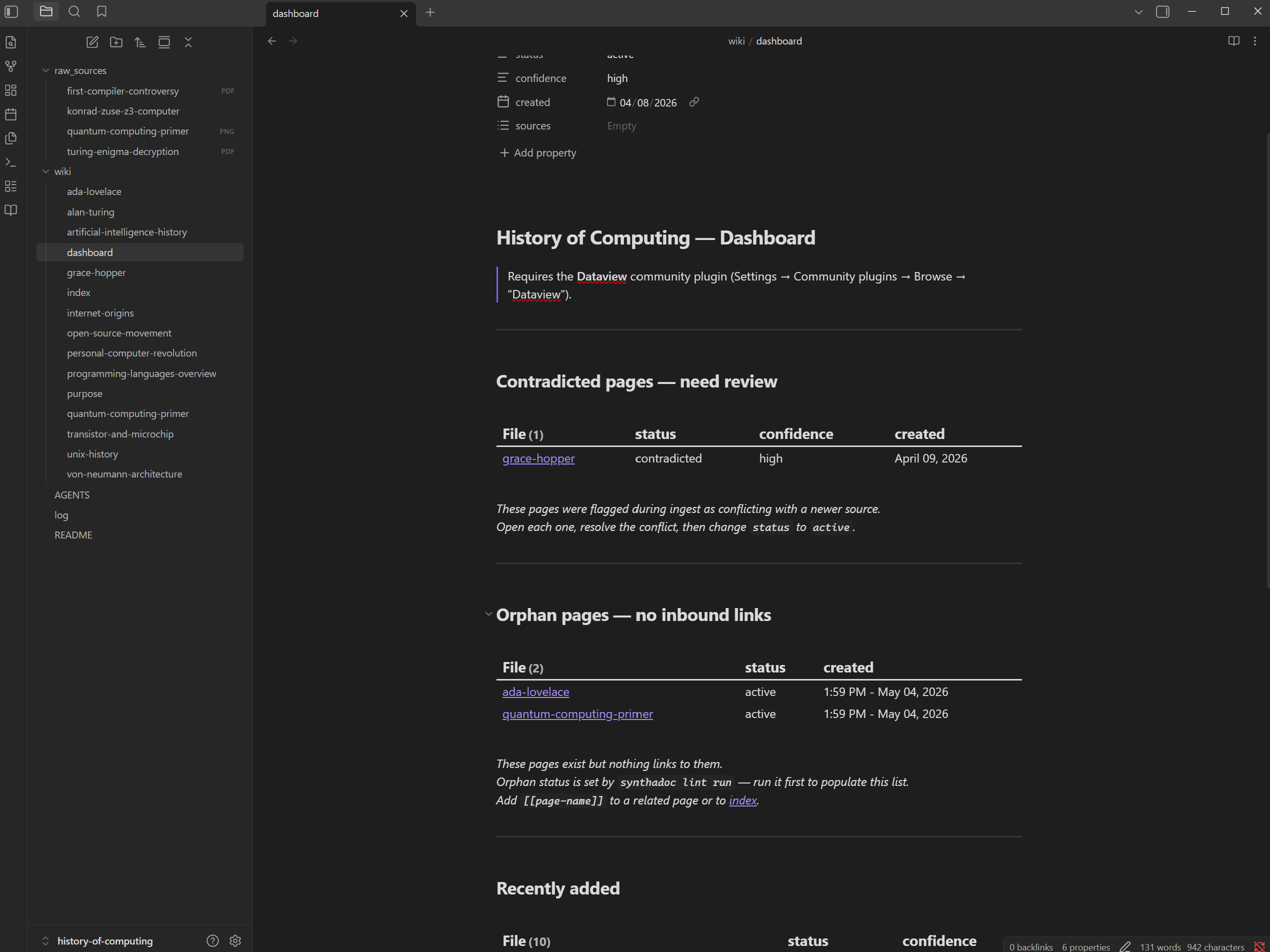 Dashboard showing contradicted page