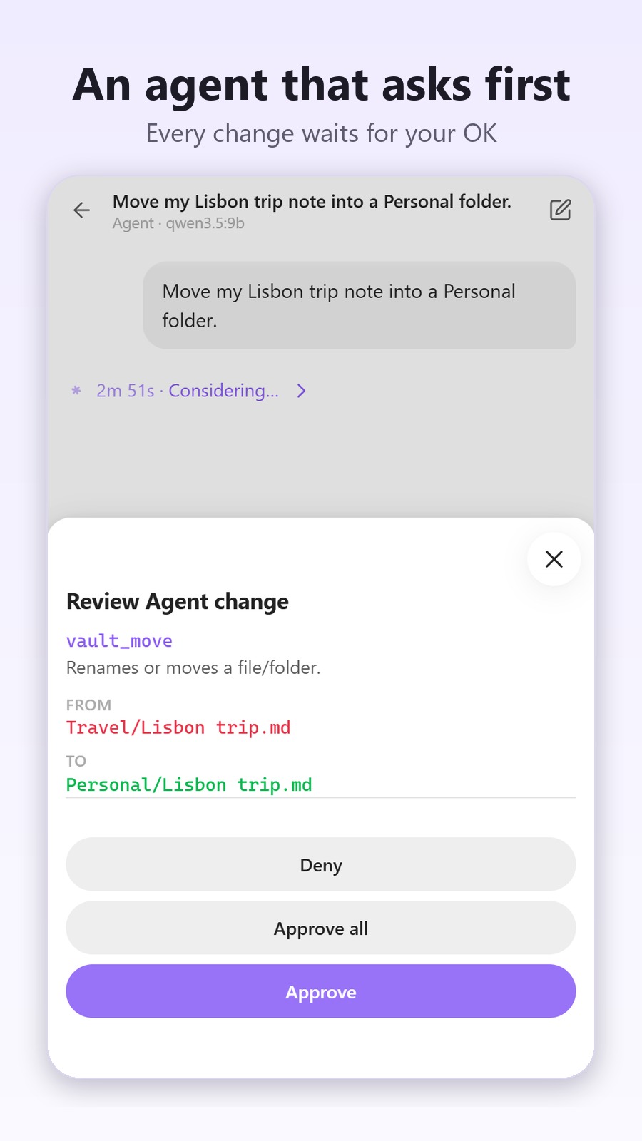 The agent asks before moving a note