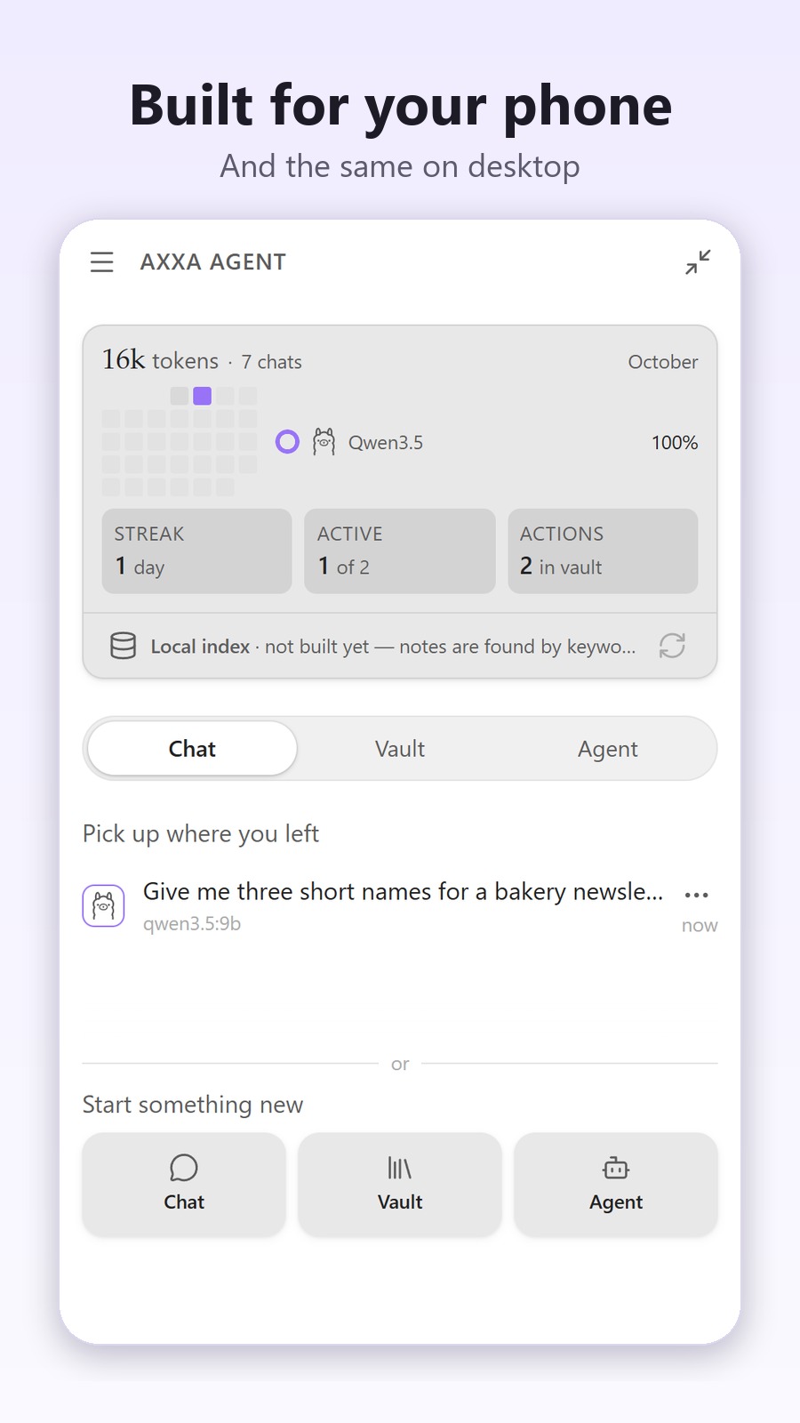 Home: recent chats and the three modes