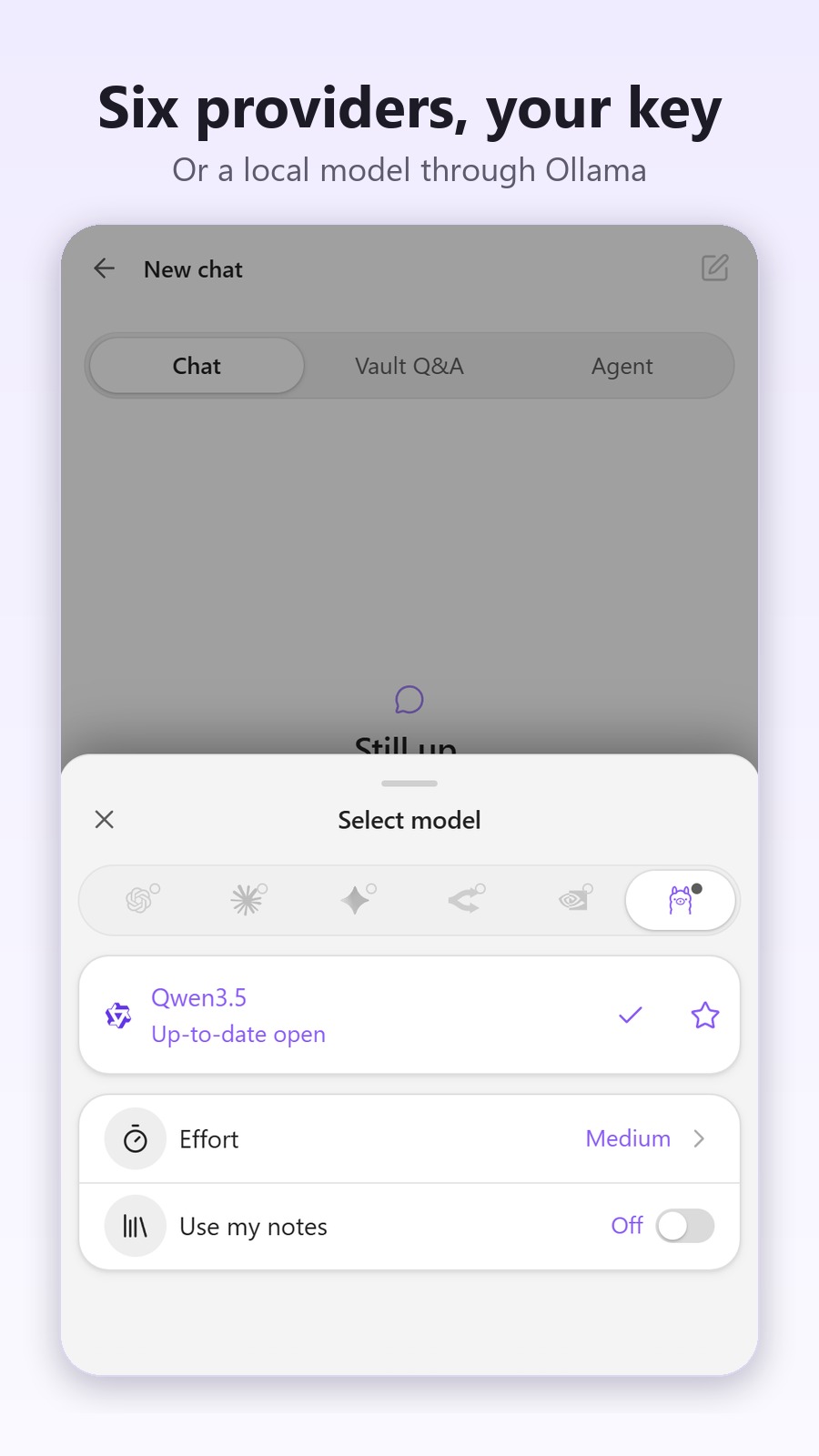 Model picker with six providers