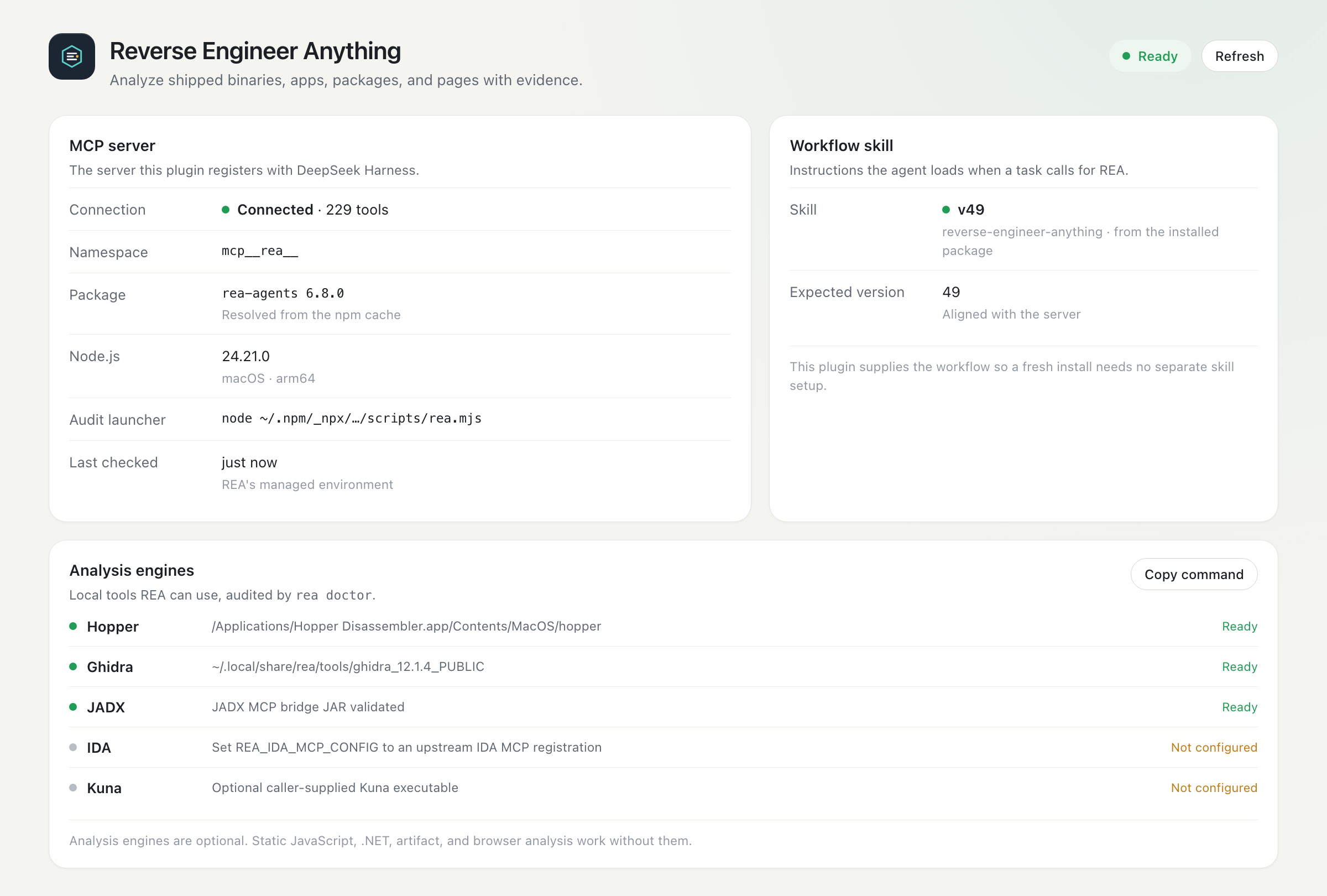 The REA panel in the DeepSeek Harness sidebar