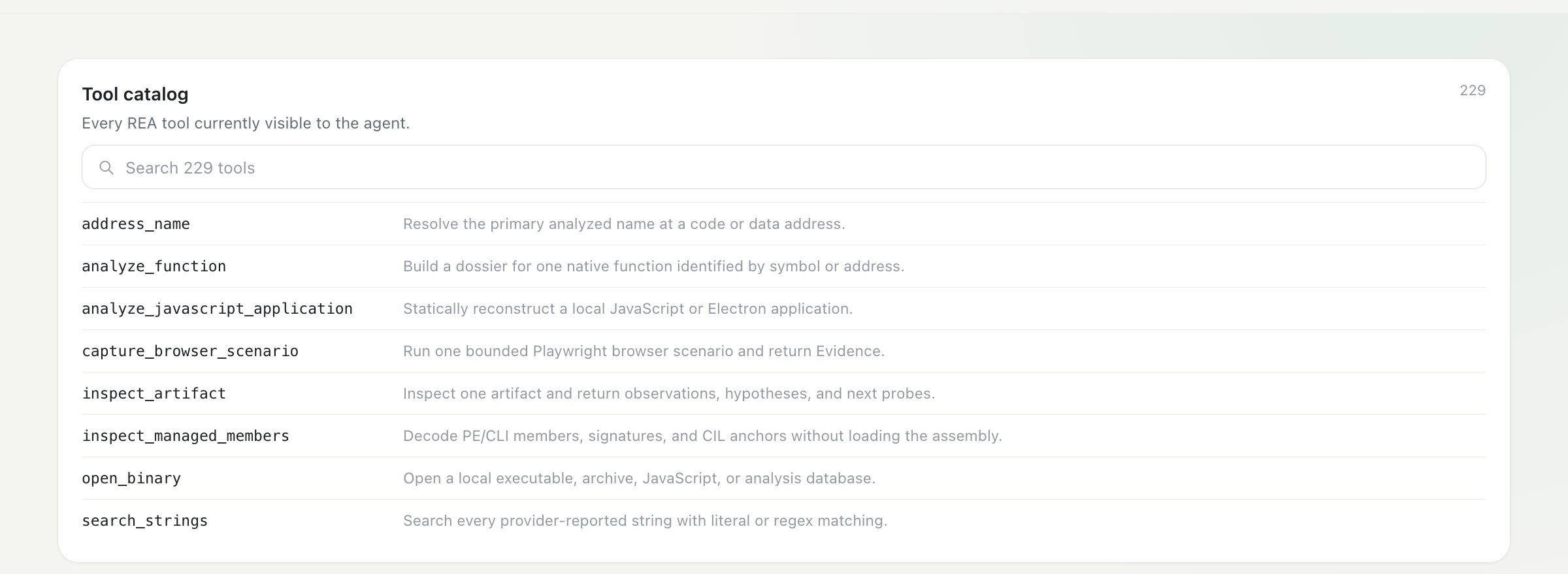 Searchable REA tool catalog in the panel