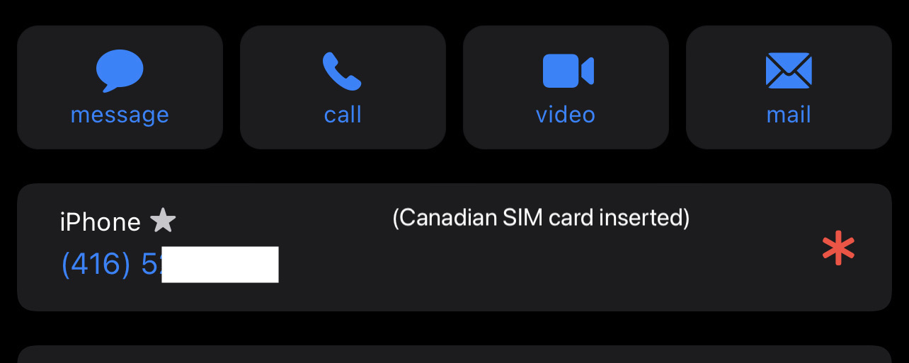 A Canadian number in the Contacts app, with a Canadian SIM Card inserted