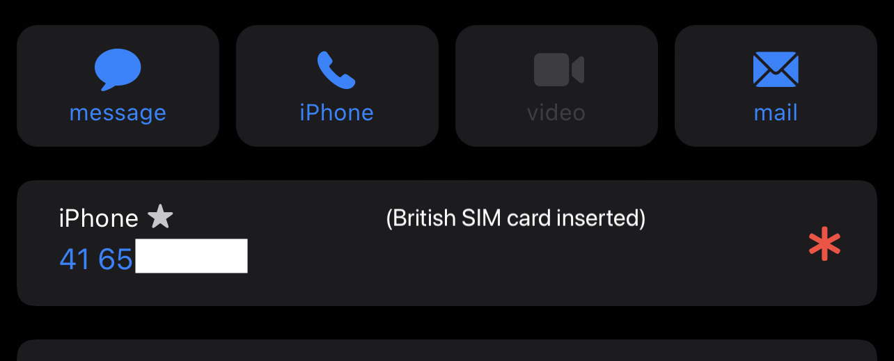 The same Canadian number in the Contacts app, with a British SIM Card inserted. It's broken.