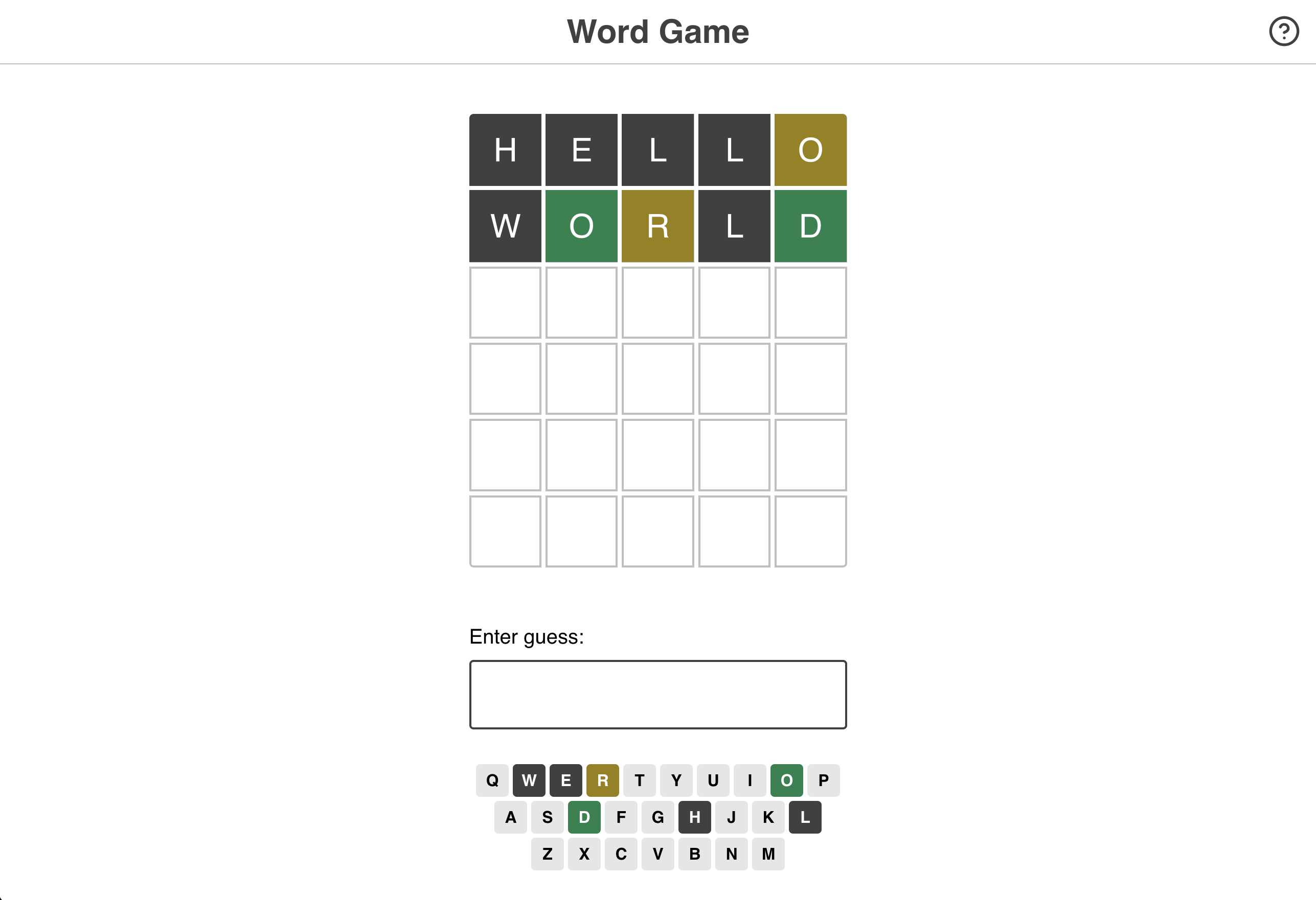 Screenshot of our Wordle clone, showing a keyboard below the game board