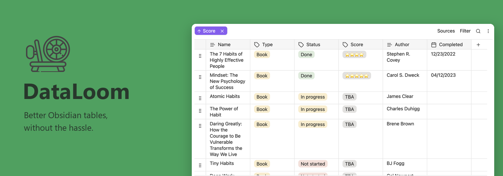 DataLoom — database-style tables inside Obsidian, with a preview of the table editor