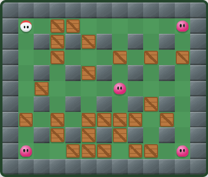 Bomberman: bombs burning crates, power-ups, every enemy blown up