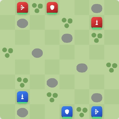 Tactics: blue and red units move, attack and strike back; blue wins