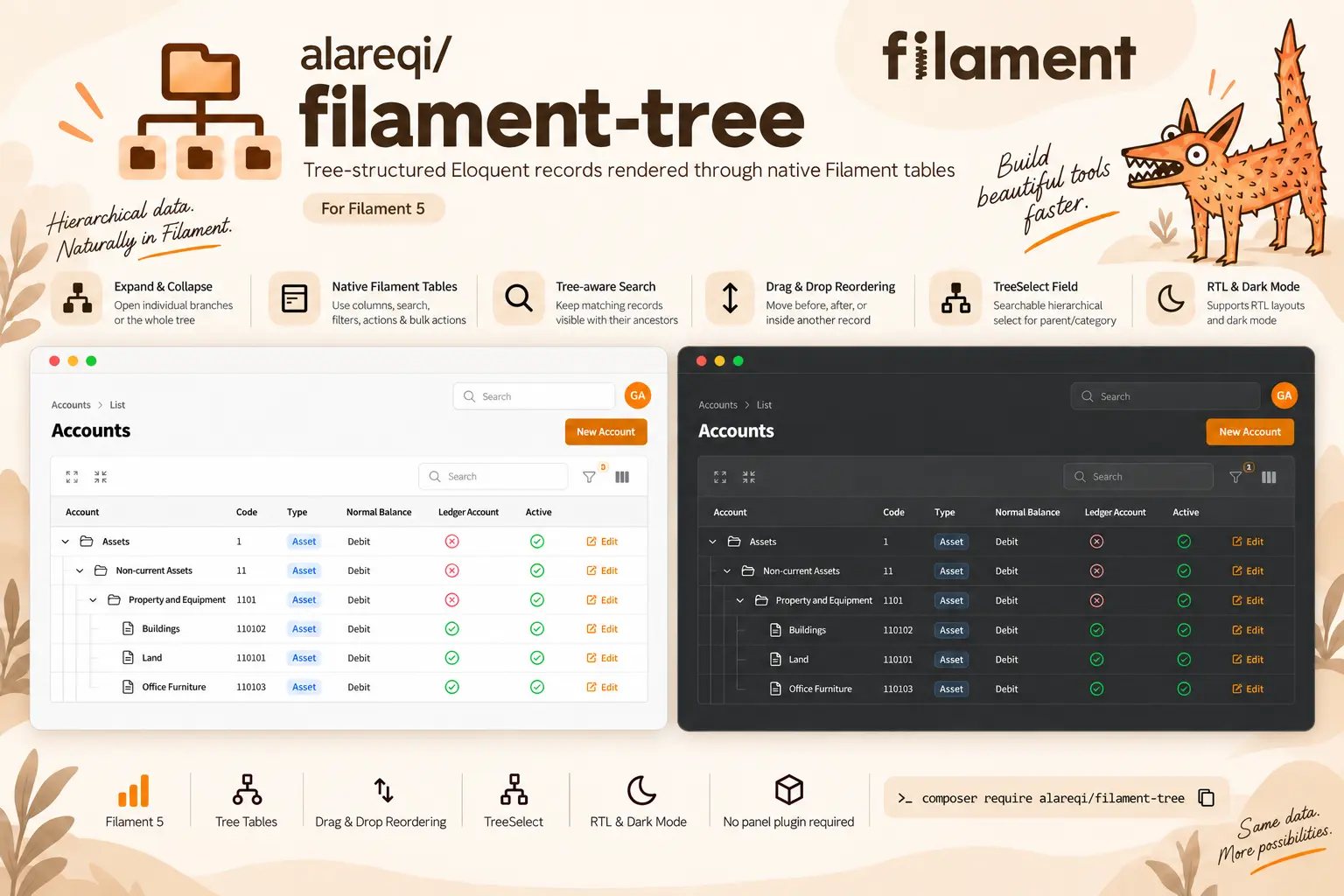 Filament Tree package overview showing expandable hierarchical tables in light and dark modes