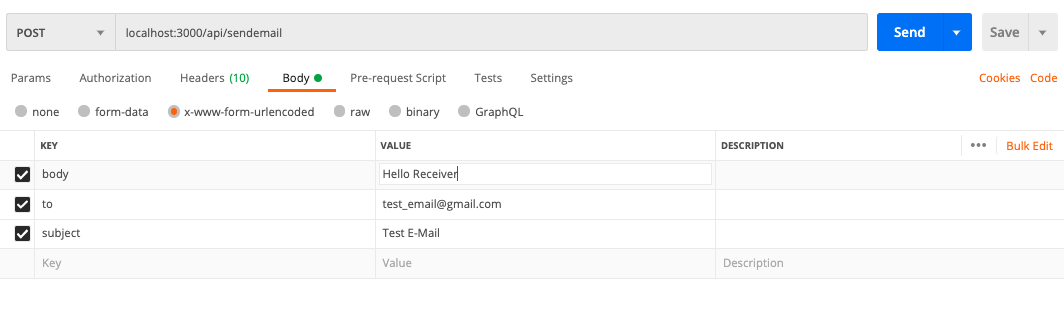 Clipping of how request for sending mail looks like(Postman).