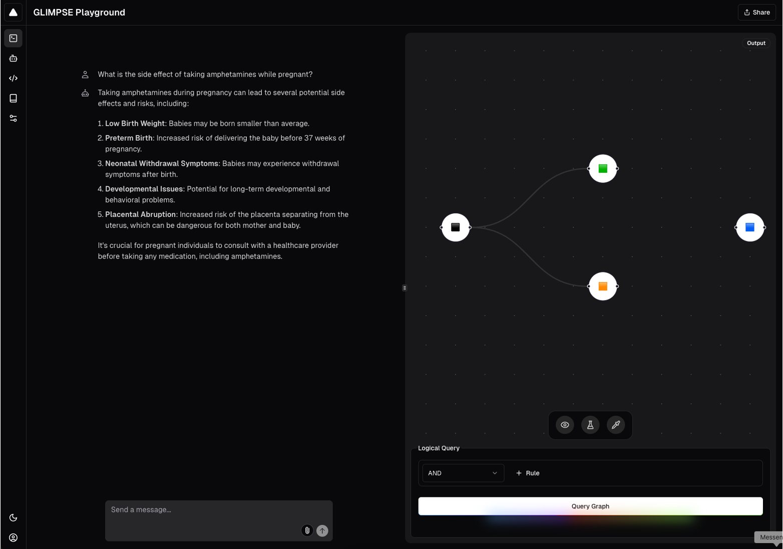 Example of GLIMPSE query in dark mode.