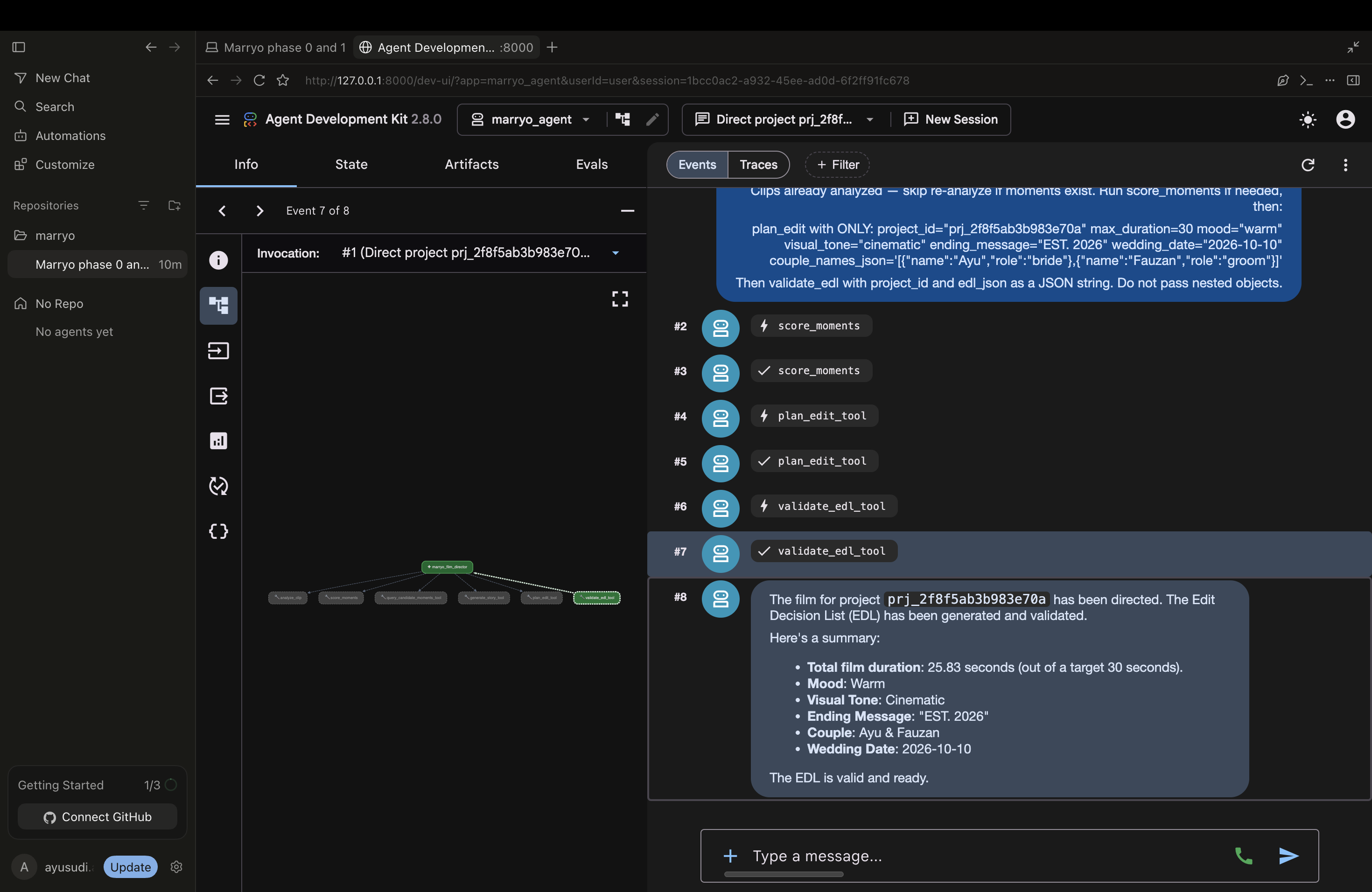 ADK event trace: score_moments, plan_edit, validate_edl → directed EDL