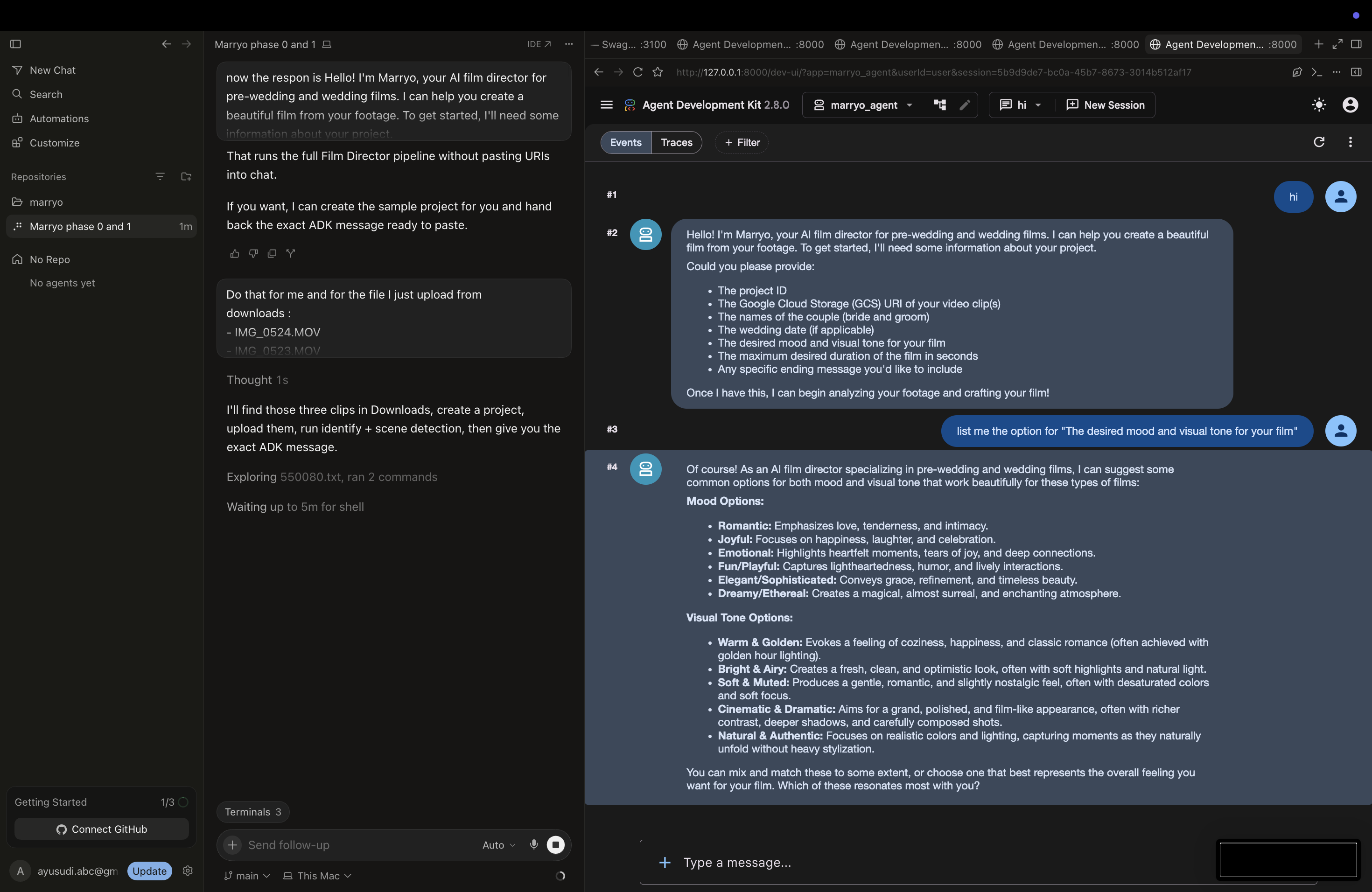 Cursor workspace beside ADK Film Director chat