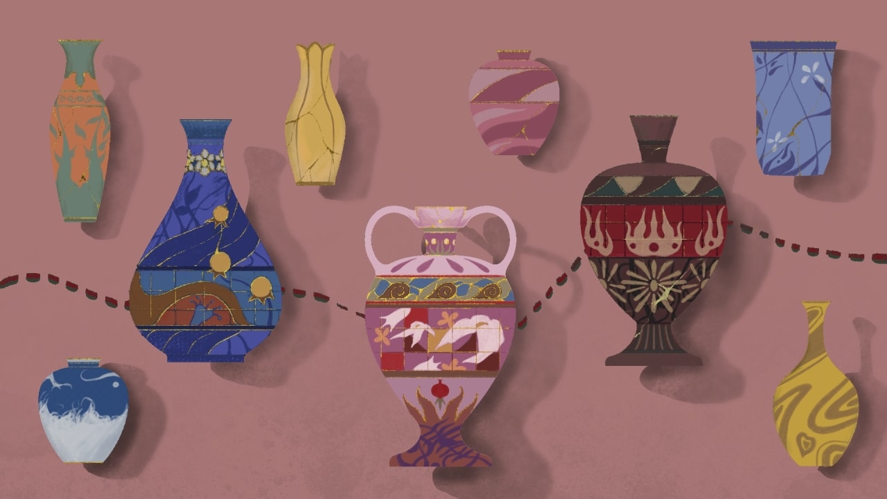 Porcelain vases and bottles on the puzzle selection scene