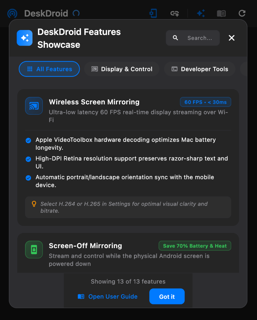 DeskDroid Built-in Feature Showcase and Interactive Catalog