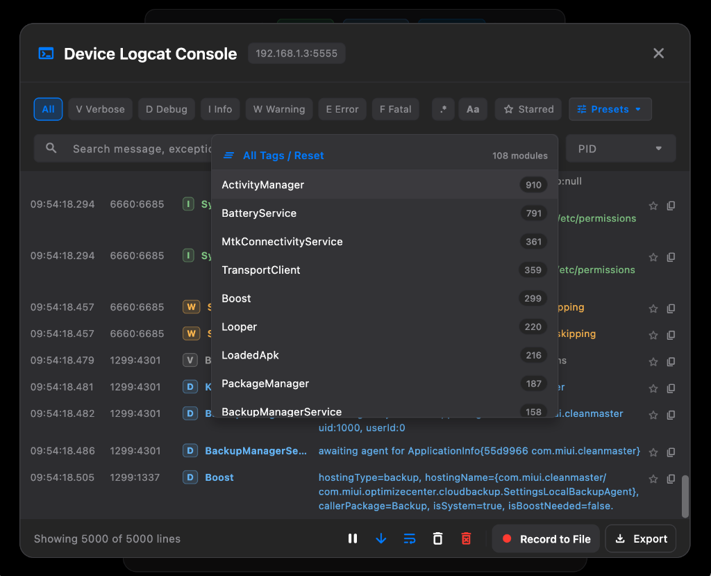 DeskDroid Real-Time Logcat Console with Multi-Tier Filters