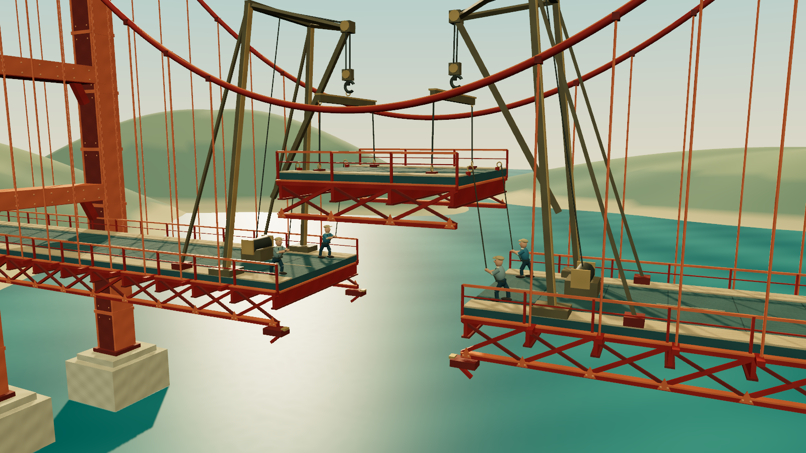 作者最新 Three.js 版本的金门大桥吊装实际截图;合集还包括巴黎热气球等四个场景。