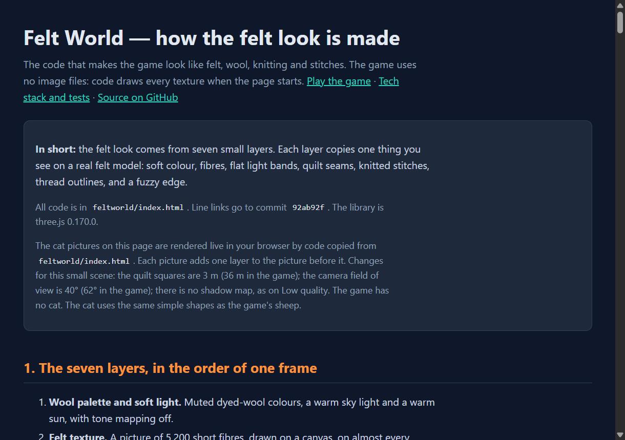 Screenshot of the documentation page How the felt look is made: the title, the summary and the note on the cat pictures