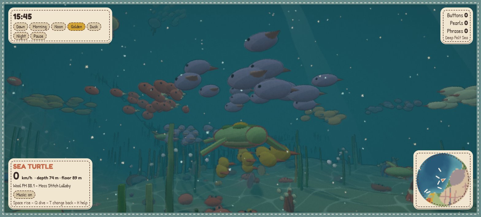 The sea turtle below schools of blue, red and green fish, with yellow fish near the kelp