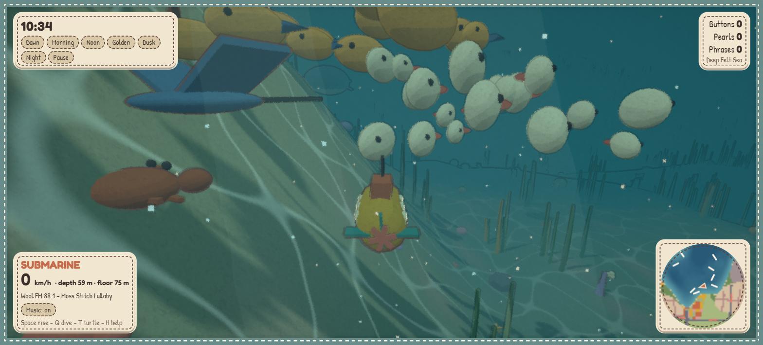 The submarine under water with a ray, a crab, fish, kelp and light patterns on the sea floor