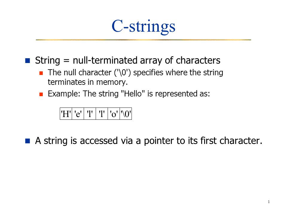 1 C-strings String = null-terminated array of characters The null character  ('\0') specifies where the string terminates in memory. Example: The  string. - ppt download