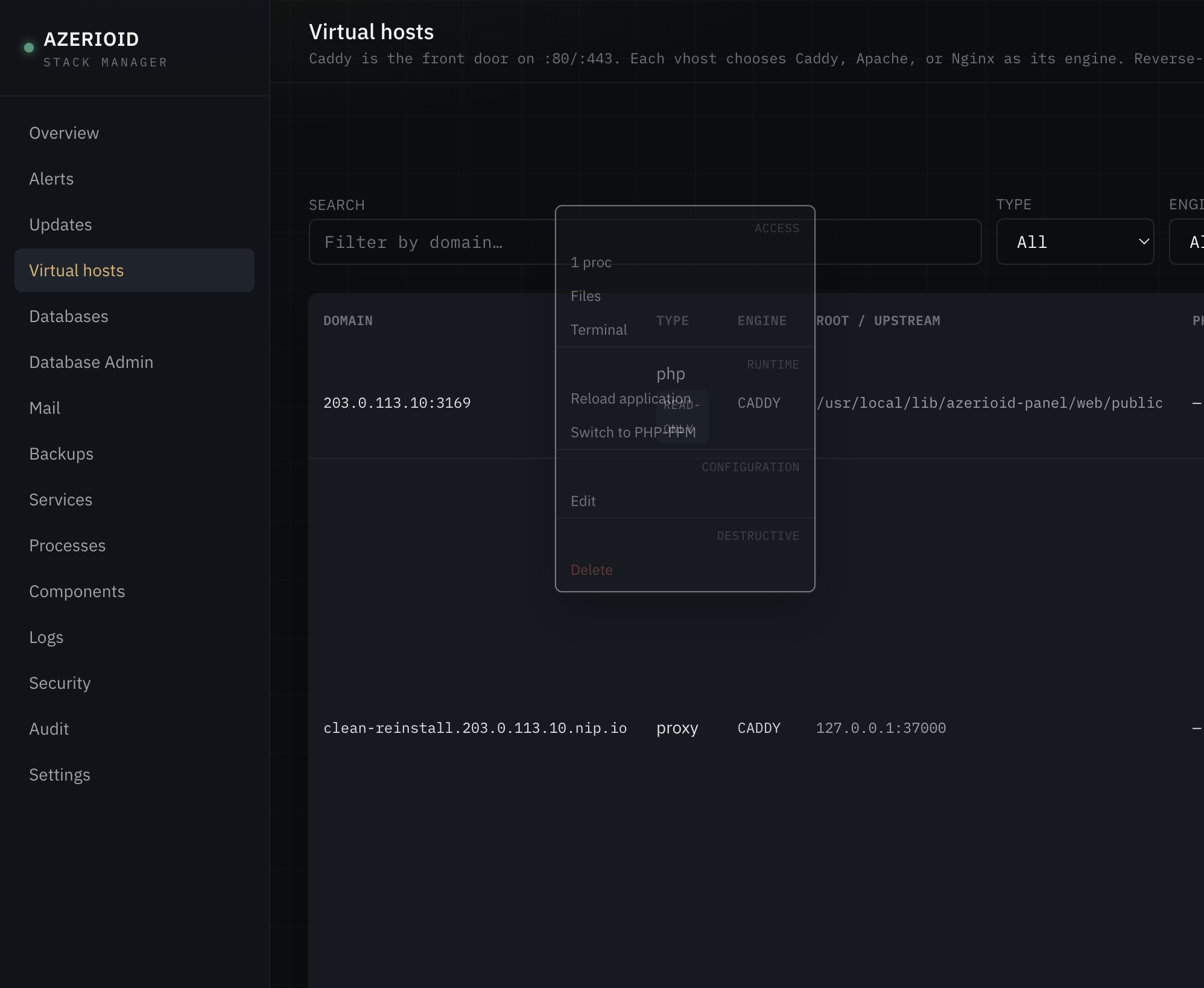 Virtual hosts actions