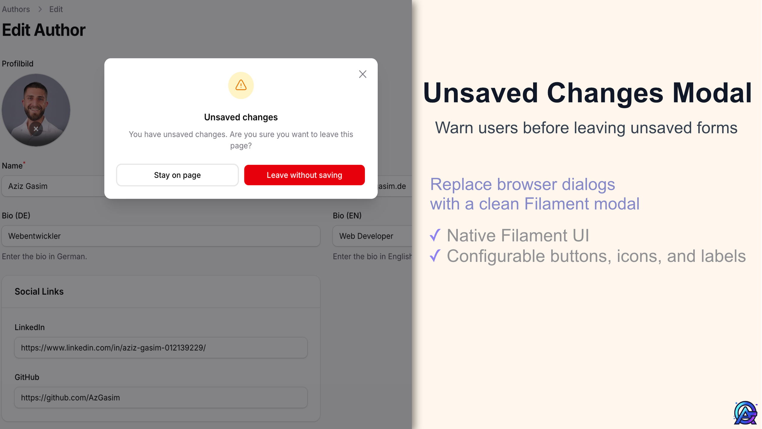 Unsaved changes: Filament modal instead of the browser dialog
