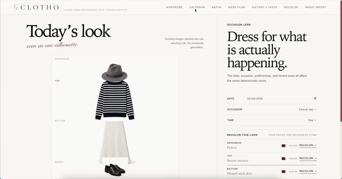 CLOTHO live Calendar walkthrough showing planned morning, day, and evening outfits