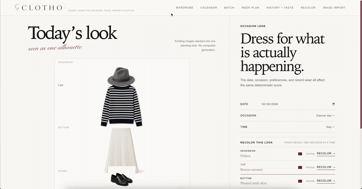 CLOTHO live walkthrough showing Wardrobe, Week plan, and Recolor