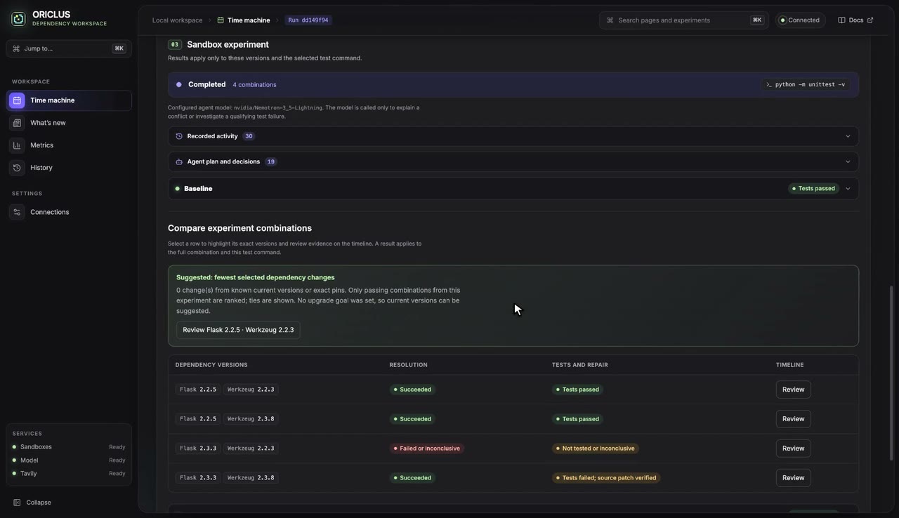 Completed run: comparison of four combinations with a fewest-changes suggestion
