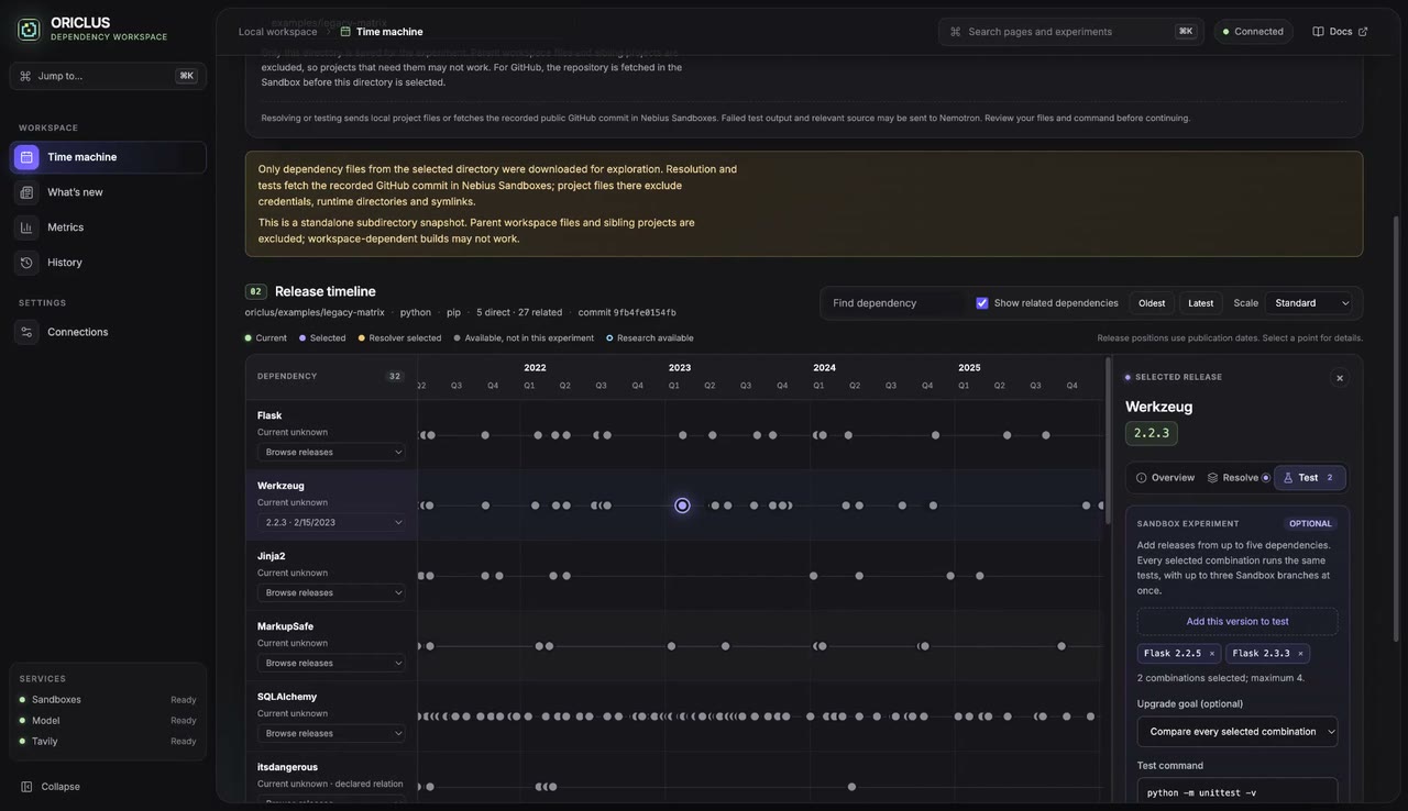Test tab with queued versions and the test command
