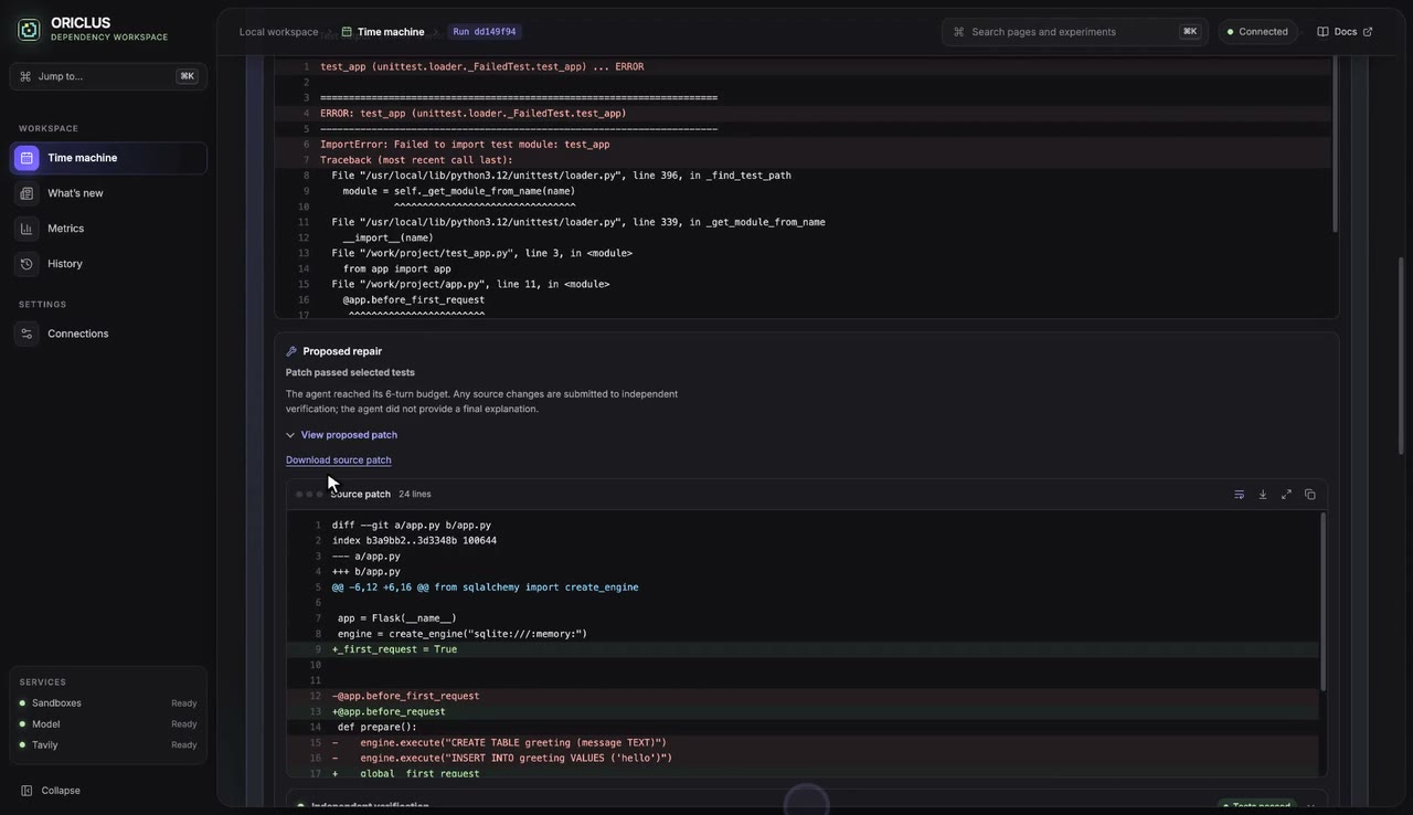 Traceback, proposed repair and source patch diff with download link