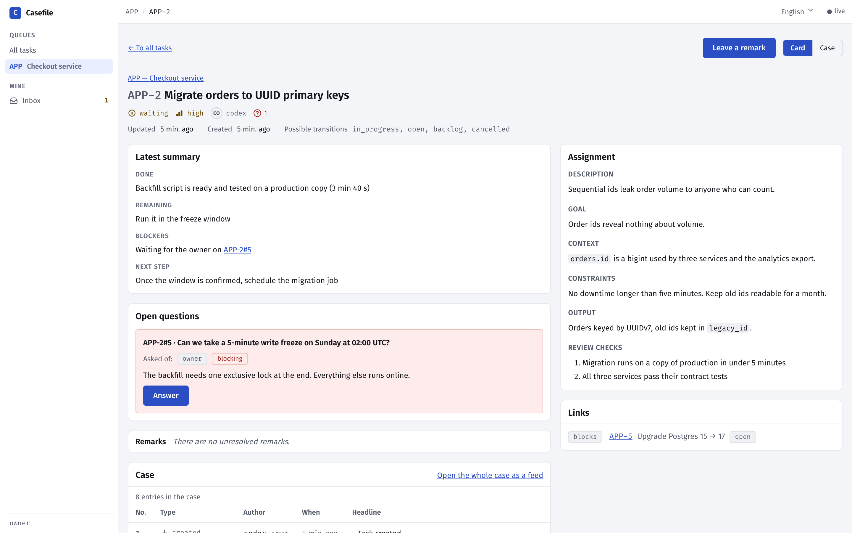 A task waiting on a blocking question the agent asked the human