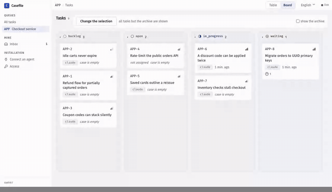 An agent creates a task and works it over MCP — the board picks up the new card, follows it across statuses, and the task page shows the agent's own case entries, live and without a reload