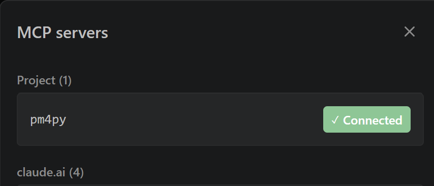 pm4py connected in the MCP servers panel