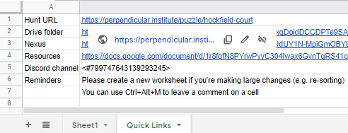 Puzzle spreadsheet Quick Links tab example