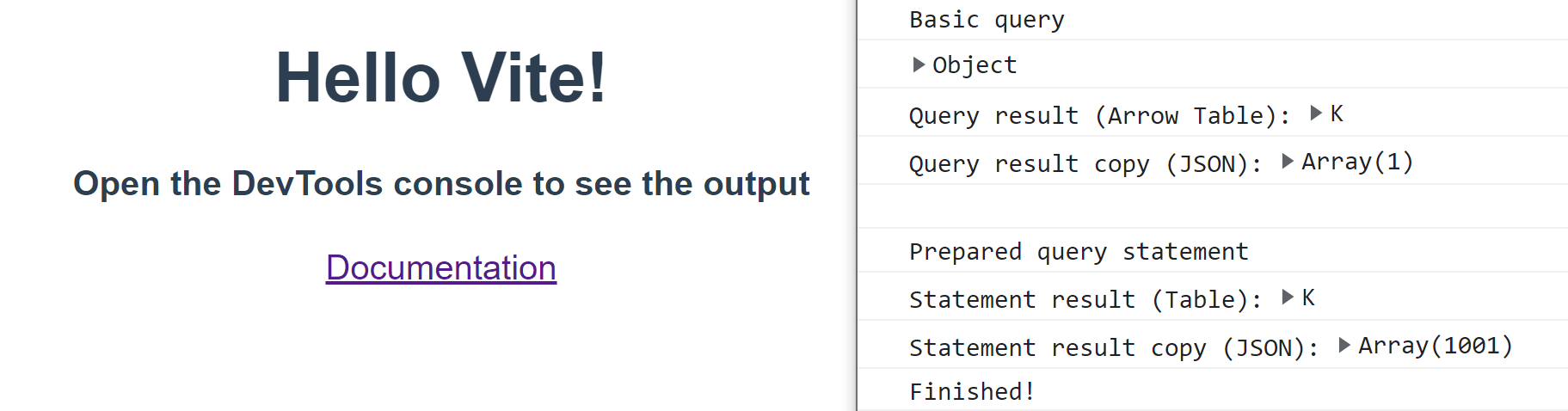 Side-by-side screenshot of browser running the example and the corresponding output in the DevTools window