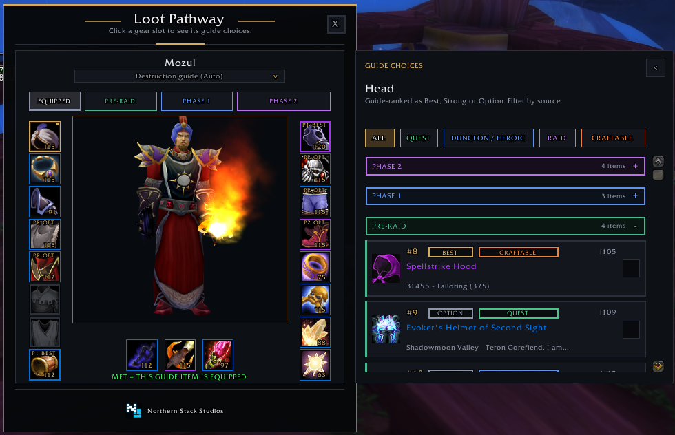 Equipped character gear and guide choices