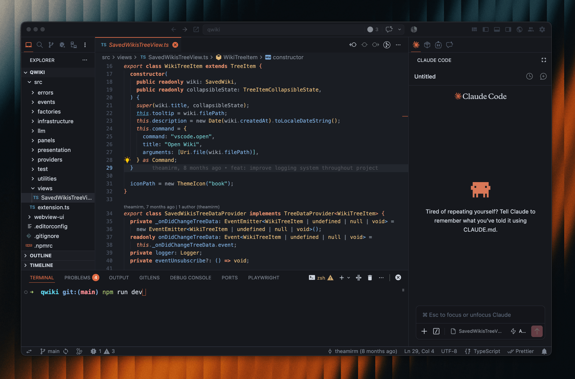 Shannon's Entropy in the editor with terra accent, calm TypeScript syntax, quiet chrome, and Claude Code