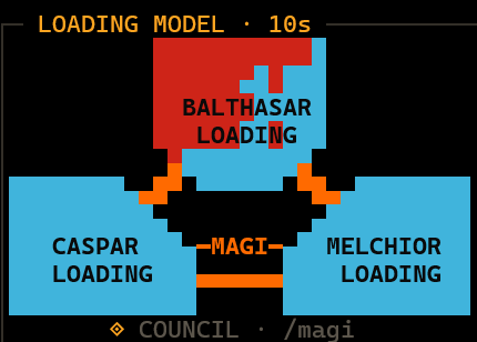The angel attack: red spreads through the MAGI while the model loads into VRAM