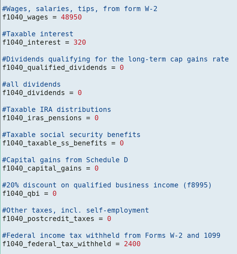 Another standard Python file with lines for variables with names like `1040_wages` and `f1040_interest`. Lines are documented with comments.